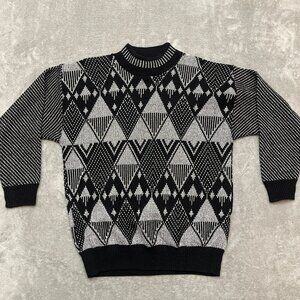 Vintage Fortune Knits Sweater Womens Black Gray Geometric Knit Pullover Size L
